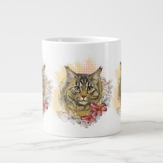 Hand drawing funny cute Maine coon with flowers Large Coffee Mug (Front)