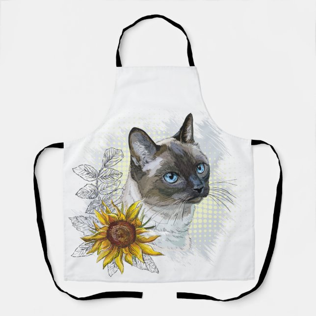 Hand drawing funny cute thai cat with flowers apron (Front)