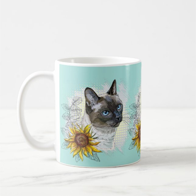 Hand drawing funny cute thai cat with flowers coffee mug (Left)