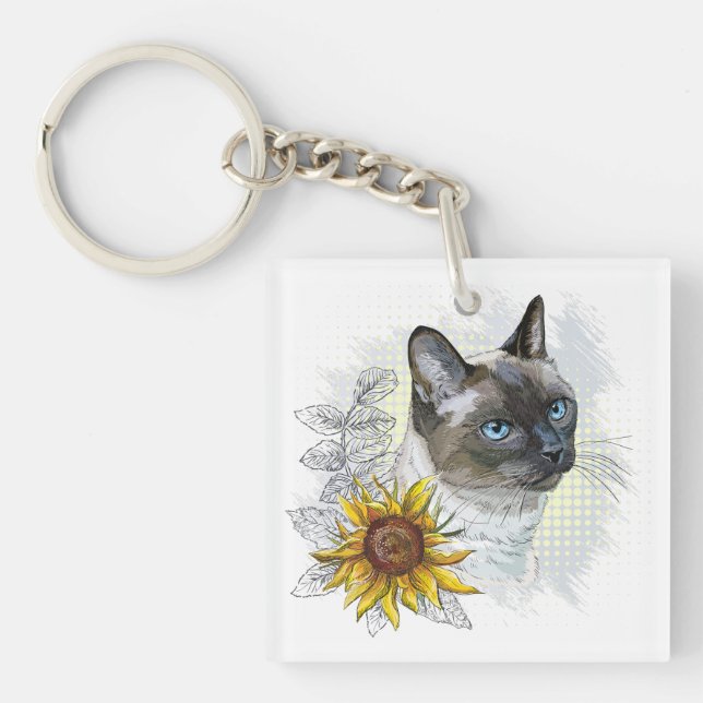 Hand drawing funny cute thai cat with flowers key ring (Front)