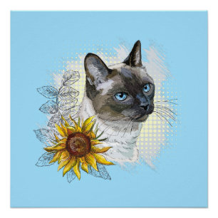 Hand drawing funny cute thai cat with flowers poster
