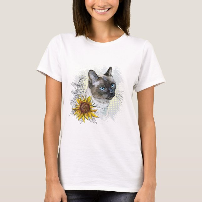 Hand drawing funny cute thai cat with flowers T-Shirt (Front)