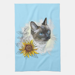 Hand drawing funny cute thai cat with flowers tea towel