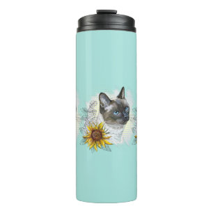 Hand drawing funny cute thai cat with flowers thermal tumbler
