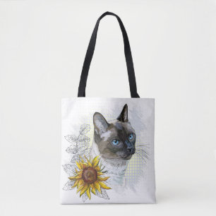 Hand drawing funny cute thai cat with flowers tote bag