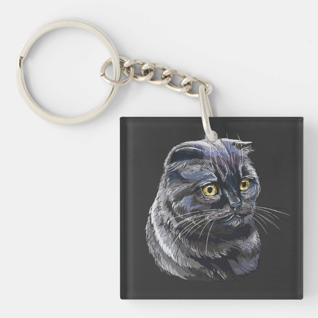Hand drawing funny fluffy Black brittish cat. Key Ring (Front)