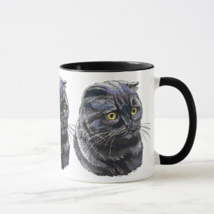 Hand drawing funny fluffy Black brittish cat. Mug