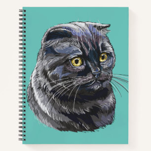 Hand drawing funny fluffy Black brittish cat. Notebook