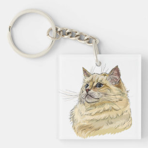 Hand drawing funny fluffy Ragdoll cat Key Ring