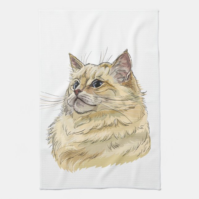 Hand drawing funny fluffy Ragdoll cat Tea Towel (Vertical)