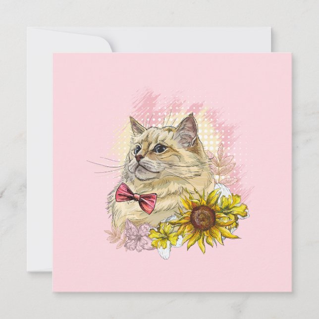 Hand drawing funny Red Ragdoll cat with flowers (Front)