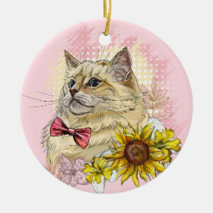 Hand drawing funny Red Ragdoll cat with flowers Ceramic Ornament