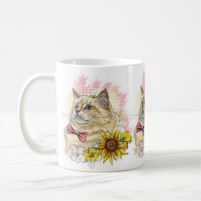 Hand drawing funny Red Ragdoll cat with flowers Coffee Mug (Left)