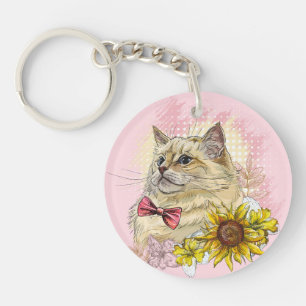 Hand drawing funny Red Ragdoll cat with flowers Key Ring