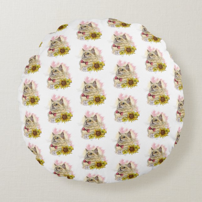 Hand drawing funny Red Ragdoll cat with flowers Round Cushion (Front)