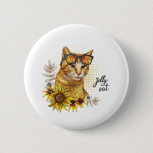 Hand drawing funny red tabby cat in glasses with s 6 cm round badge