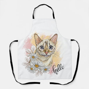 Hand drawing funny snow bengal cat with camomiles apron