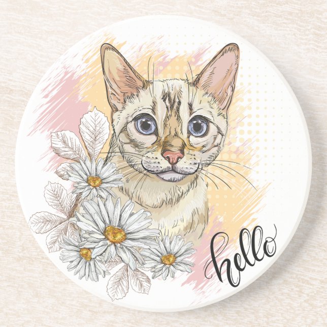 Hand drawing funny snow bengal cat with camomiles coaster (Front)