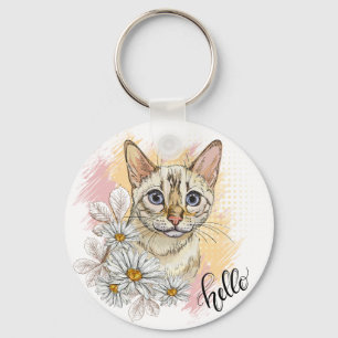 Hand drawing funny snow bengal cat with camomiles  key ring