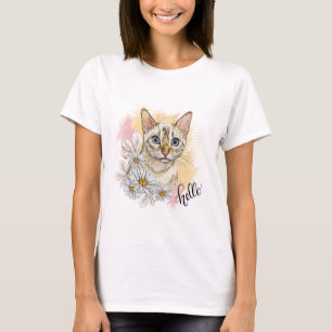 Hand drawing funny snow bengal cat with camomiles T-Shirt
