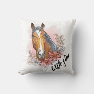 Hand drawing horse with plants and flowers cushion