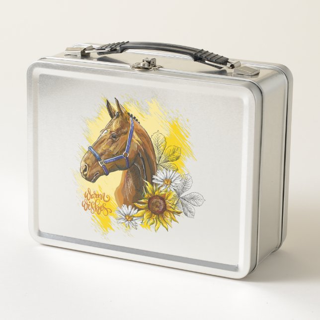 Hand drawing horse with plants and flowers metal lunch box (Front)
