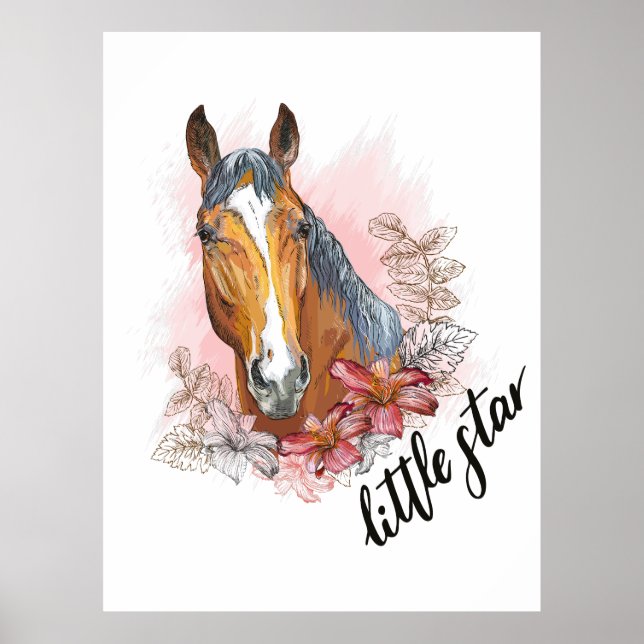 Hand drawing horse with plants and flowers T-Shirt Poster (Front)