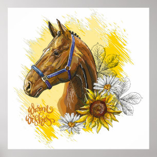 Hand drawing horse with plants and flowers throw p poster