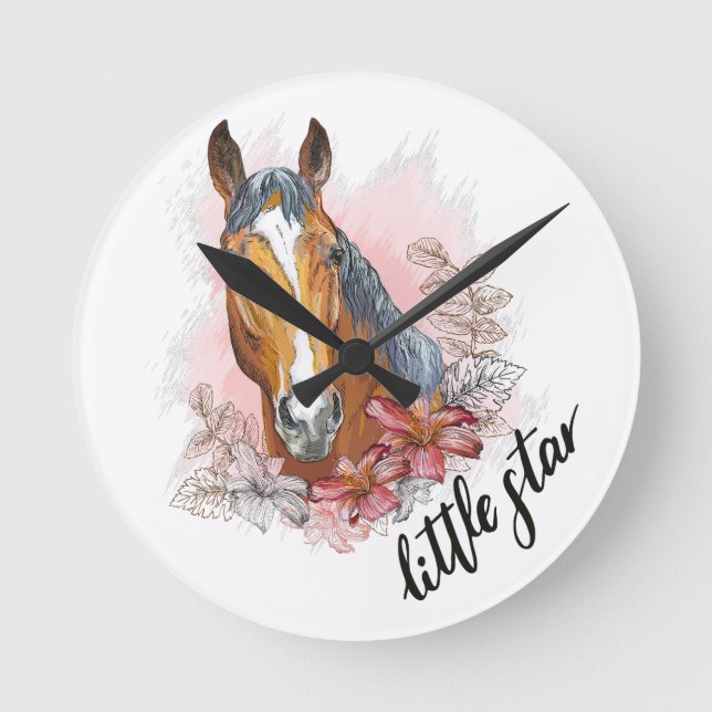 Hand drawing horse with plants and flowers throw p round clock (Front)