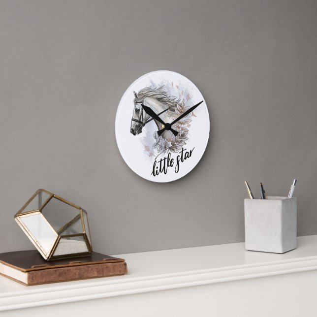 Hand drawing horse with plants throw pillow round clock (Office)