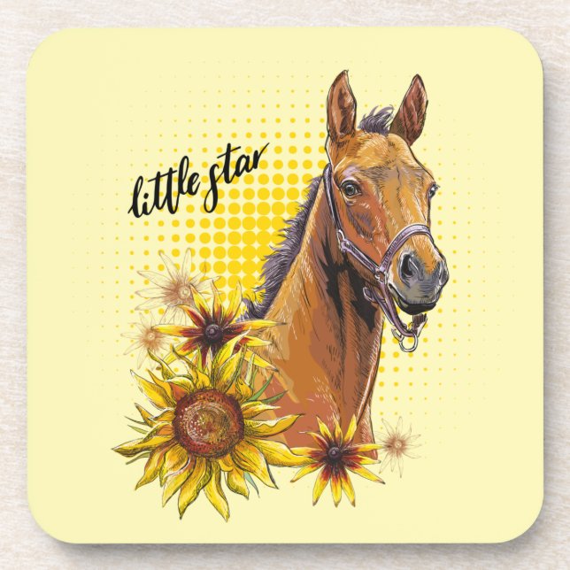 Hand drawing horse with sunflowers throw pillow coaster (Front)