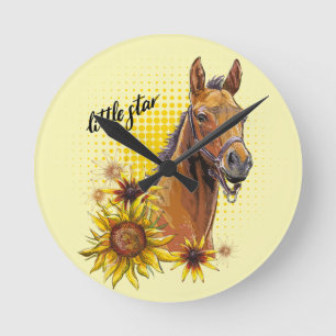 Hand drawing horse with sunflowers throw pillow round clock