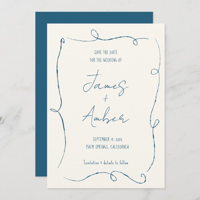 Hand drawing lines teal blue QR code wedding Save The Date (Front/Back)