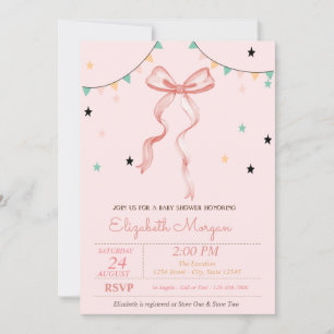 Hand Drawing Pink Bow Stars Baby Shower Invitation
