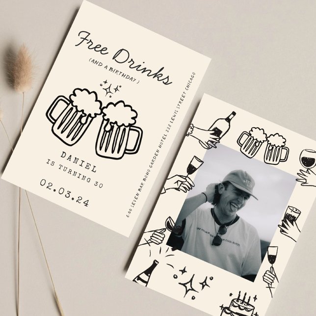 Hand drawing Quirky FunnyFree Drinks 30th Birthday Invitation (Creator Uploaded)