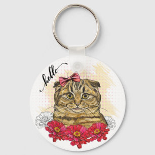 Hand drawing Scottish fold cat with red flowers To Key Ring