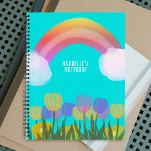 Hand Drawing Water Colour Tulips Rainbow Blue Notebook