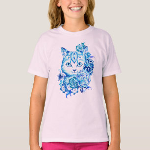 Hand Drawn 10 Blue Shades Cat Girls Longsleeve Tee
