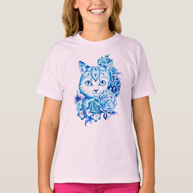 Hand Drawn 10 Blue Shades Cat Girls Longsleeve Tee (Front)