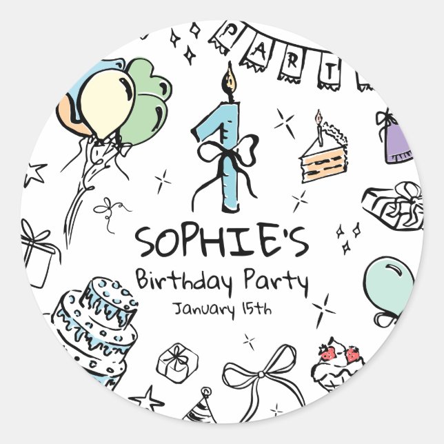 Hand Drawn 1st Birthday Classic Round Sticker (Front)