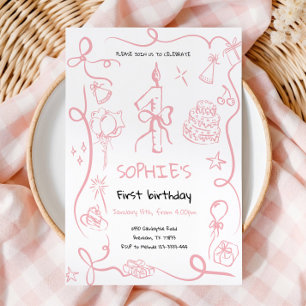 Hand Drawn 1st Birthday Invitation, Birthday  Invitation