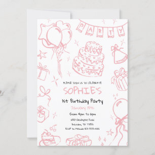 Hand Drawn 1st Birthday Invite, Doodle Birthday Invitation