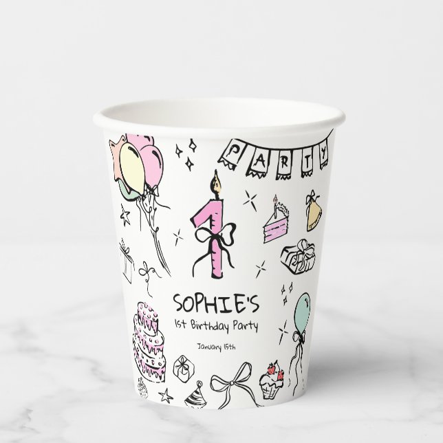Hand Drawn 1st Birthday Paper Cups (Front)