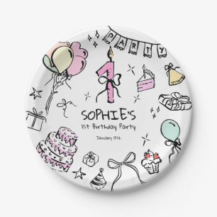 Hand Drawn 1st Birthday Paper Plate