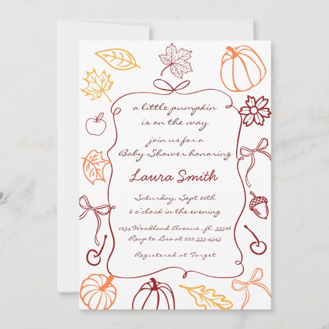 Hand Drawn A Little Pumpkin Whimsical Baby Shower  Invitation (Front)