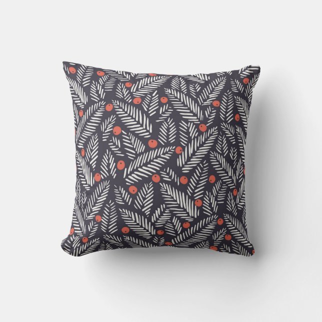 Hand drawn abstract Christmas foliage, red holy be Cushion (Front)