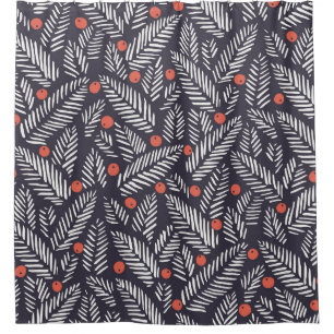 Hand drawn abstract Christmas foliage, red holy be Shower Curtain