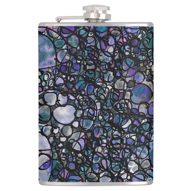 Hand-Drawn Abstract Circles, Blue, Purple, Black Hip Flask (Front)