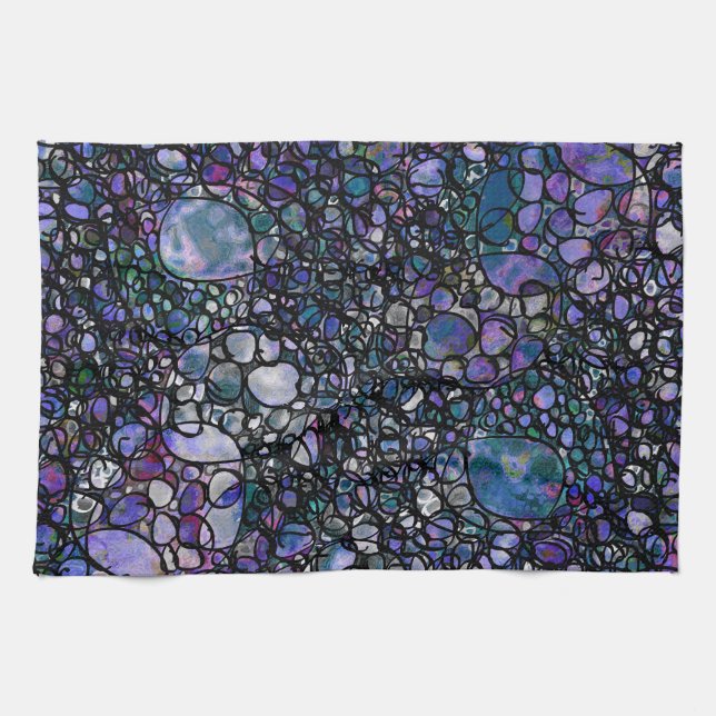 Hand-Drawn Abstract Circles, Blue, Purple, Black Tea Towel (Horizontal)