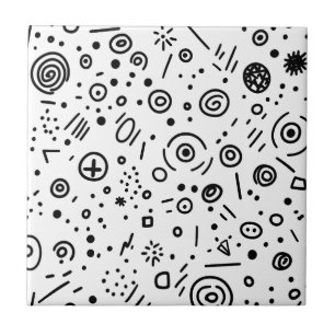 Hand-Drawn Abstract Doodle - Black and White Ceramic Tile